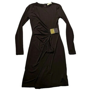 Michael Kors Brown Long Sleeve Faux Wrap Dress Leather Gold Buckle Size XXS